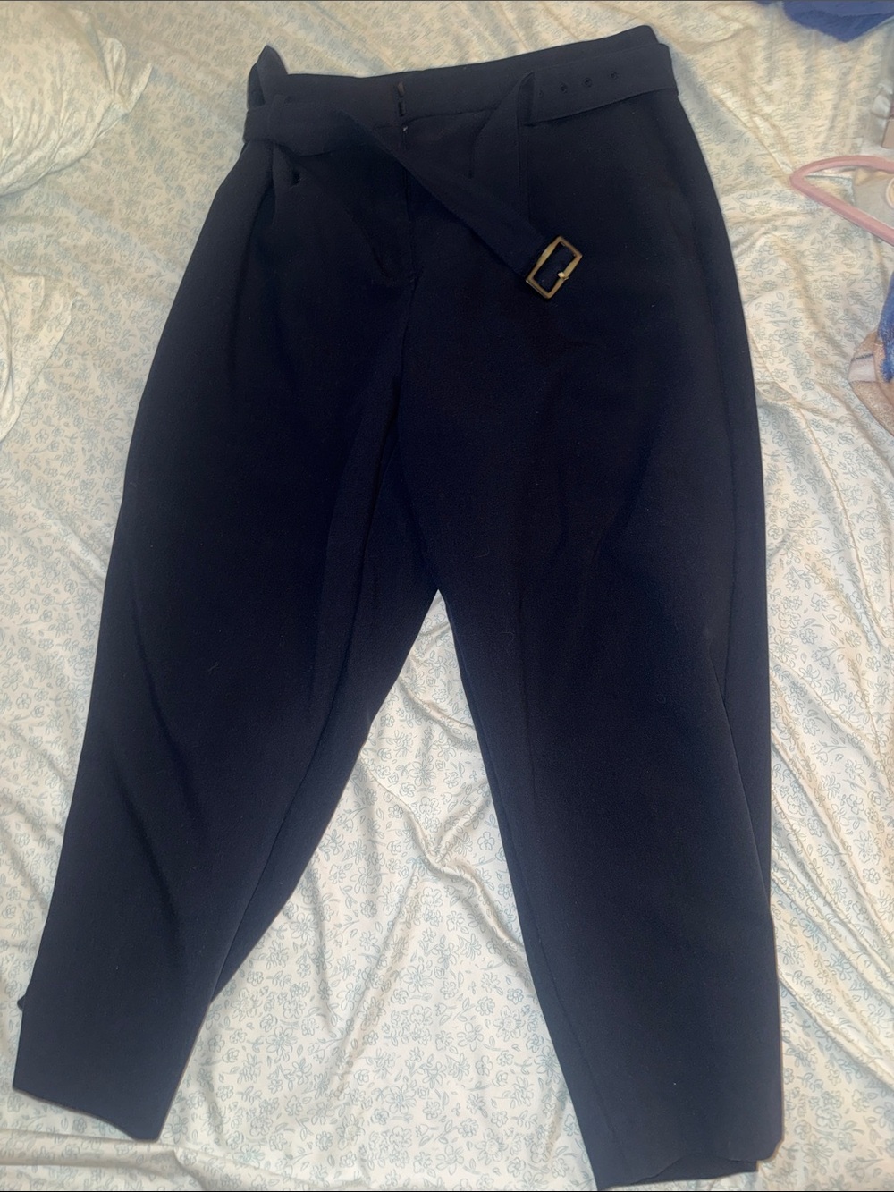 Women's Navy High-Waist Tapered Pants with Belt